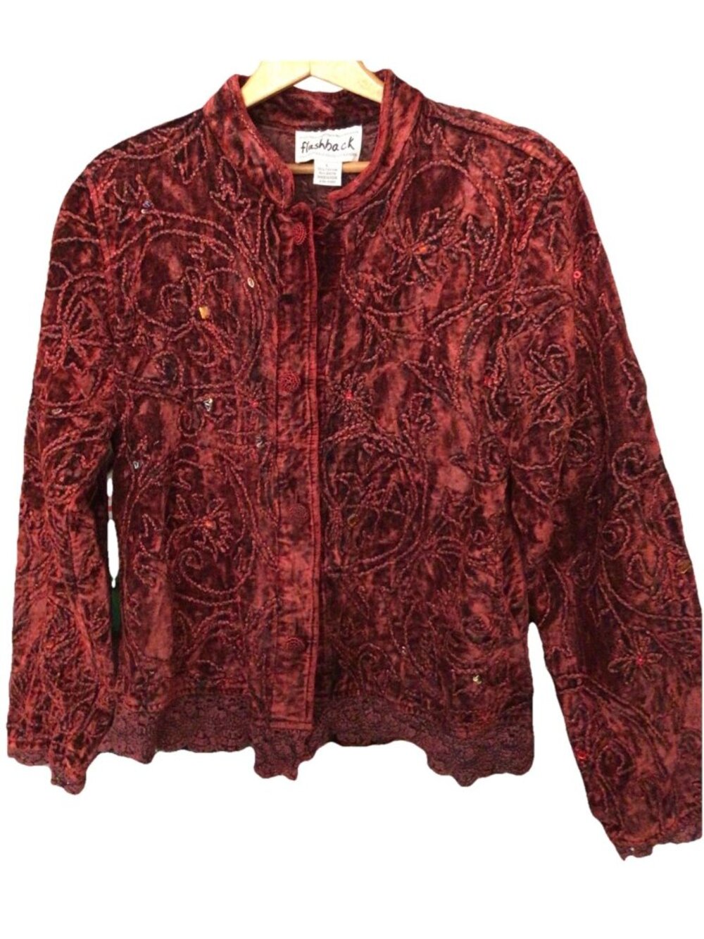 Flashback Crimson Red Brocade Beaded VTG Womens LRG Pkts Mandarin Collar Boho